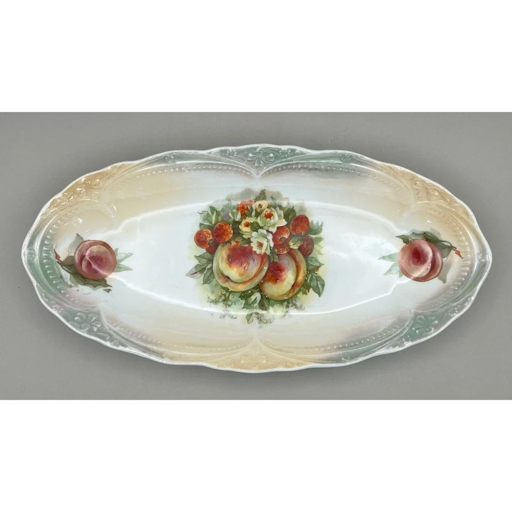 Antique Porcelain Celery Dish Fruit Floral Scalloped Lusterware Serving 9.75